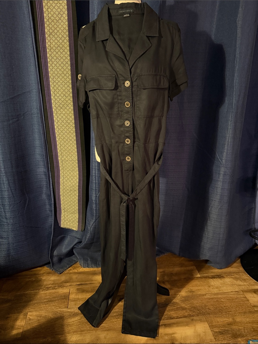 Classic Black Utility Sanctuary Jumpsuit with Belt and horn style buttons